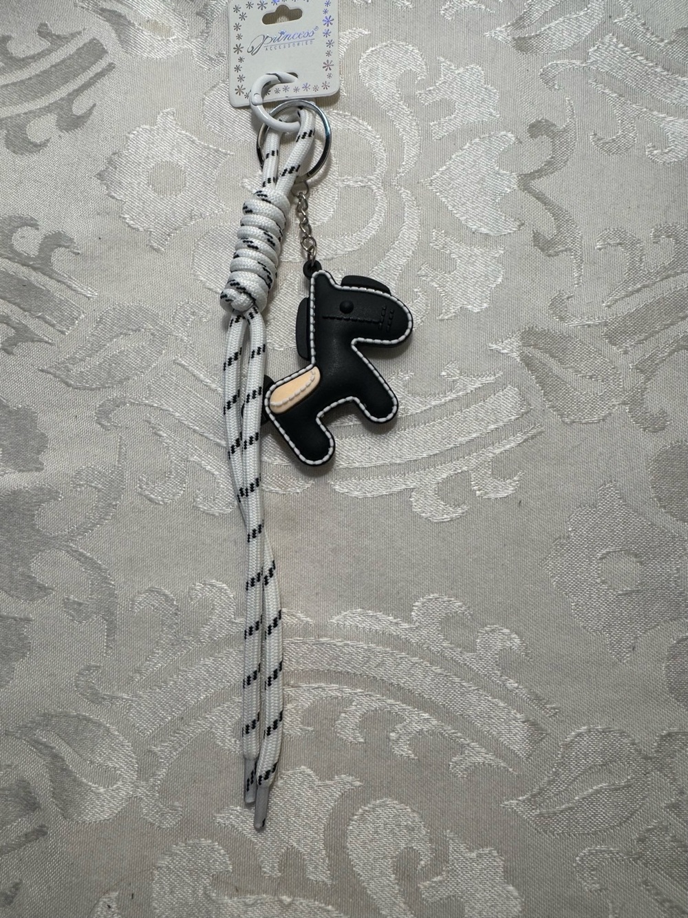 New Princess Accessories Black/White horse Keychain with White Rope shoelace